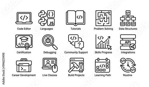 Programming education icons: learning tools, tutorials, and community support