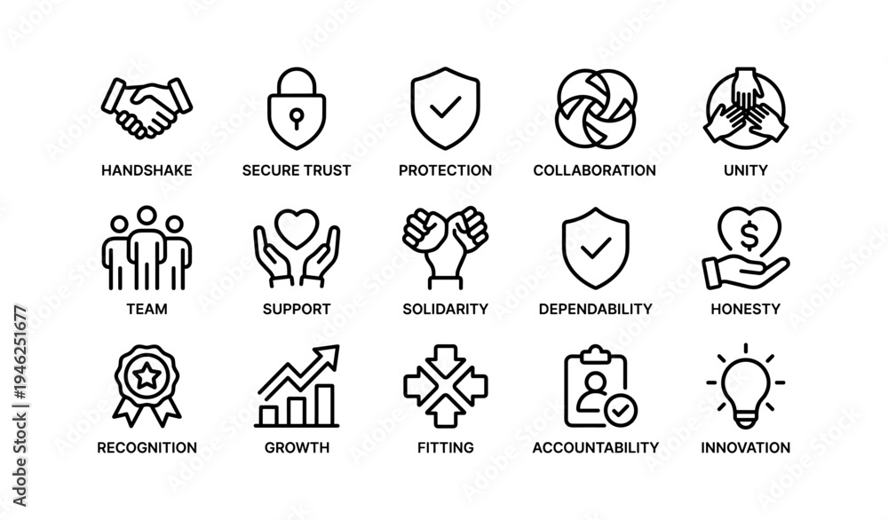 Fototapeta premium Business icon set: trust, protection, collaboration, innovation symbols