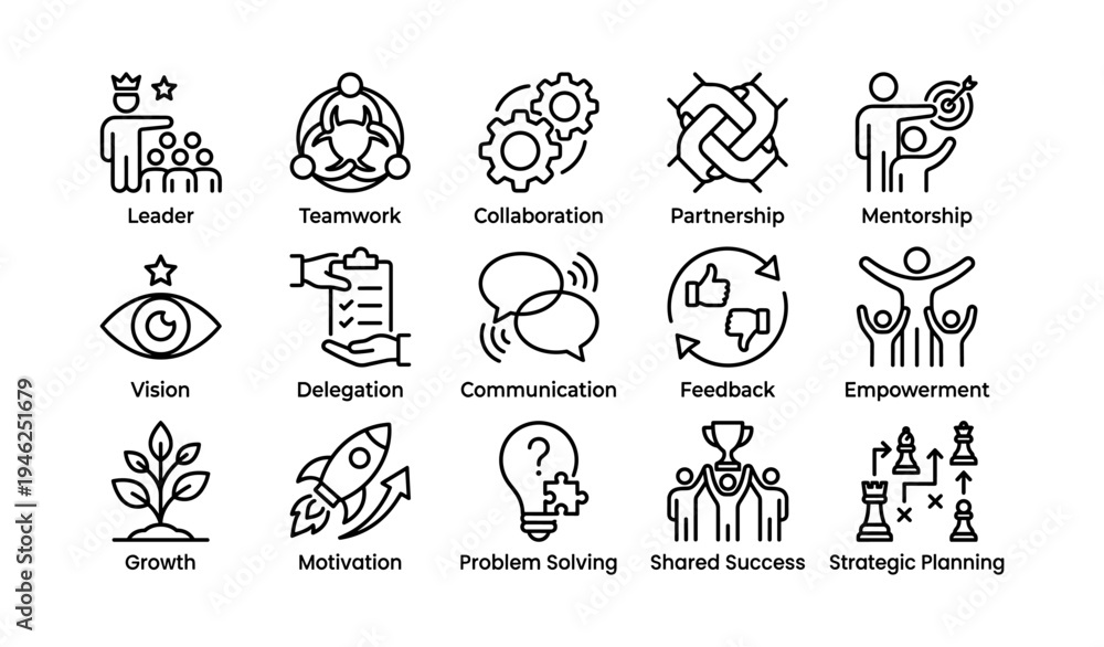 Fototapeta premium Leadership and teamwork icons: growth, collaboration, strategy, communication, empowerment