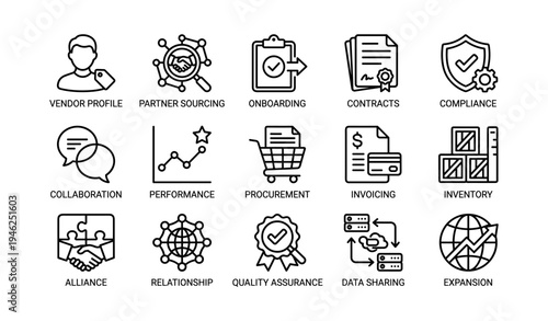 Icons representing business processes: vendor, contracts, procurement, quality, data sharing