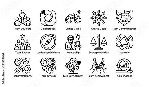 Team collaboration icons: structure, vision, goals, communication, leadership