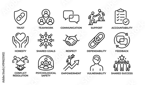Icons representing core values and interpersonal skills in teamwork and leadership