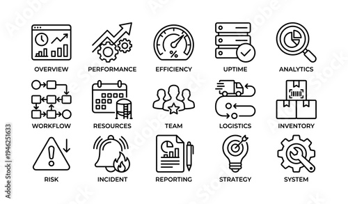 Business management icons set: efficiency, workflow, strategy metrics