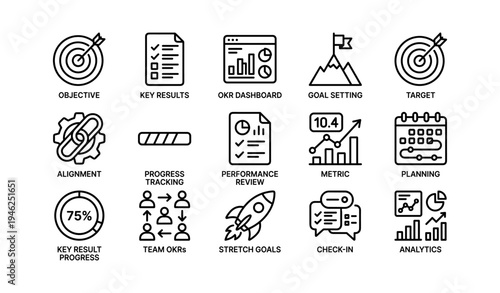 Business icons for project management and okr with metrics and performance tools