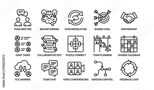 Team collaboration icons: meetings, brainstorming, synchronization, and planning