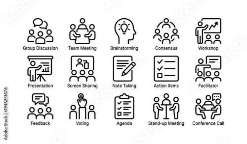 Business collaboration icons set featuring group discussions and team meetings