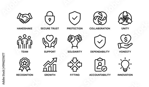 Business icon set: trust, protection, collaboration, innovation symbols