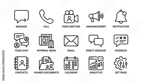 Communication and productivity icons: call message email meeting settings