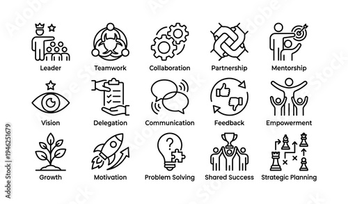 Leadership and teamwork icons: growth, collaboration, strategy, communication, empowerment