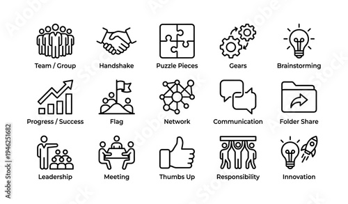 Icon set representing teamwork, communication, innovation, and leadership concepts