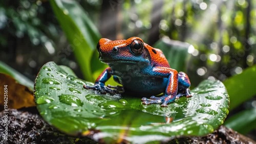 Wallpaper Mural Colorful dart frog perched on a green leaf with water droplets in its rainforest habitat, close-up nature footage Torontodigital.ca