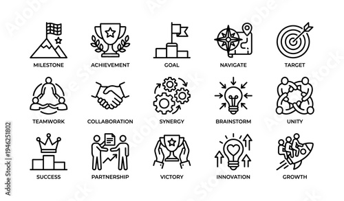 Symbols of achievement and success: icons of teamwork, innovation, and growth