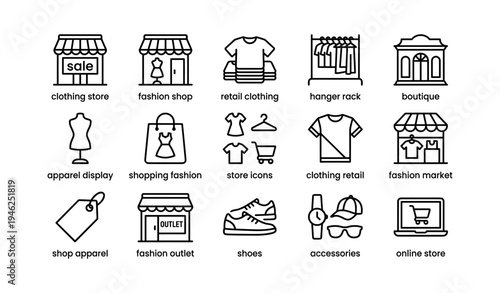 Retail icons set: clothing, fashion, shopping, accessories, online store illustrations