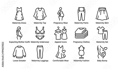 Maternity clothing icons: dresses, tops, pants, skirts, and swimwear