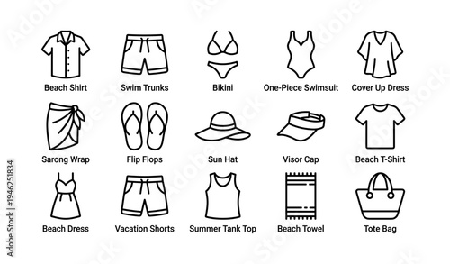Summer beach essentials: swimwear, clothing, and accessories icons