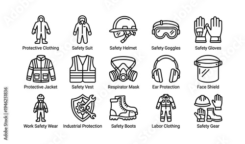 Safety equipment icons featuring protective gear for various industrial environments