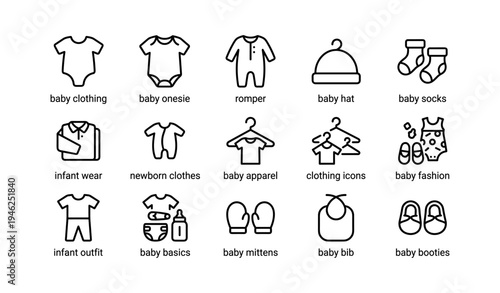 Infant clothing icons: onesies, rompers, hats, mittens, booties
