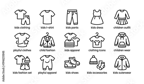 Children's fashion icons set: outfits, accessories, and apparel for kids