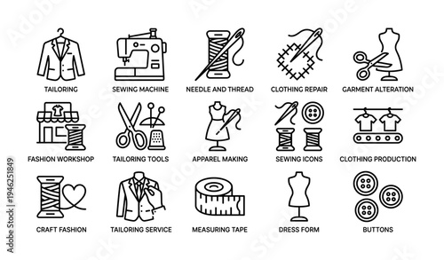 Tailoring icons: sewing machine, needle, thread, garment alteration, fashion workshop