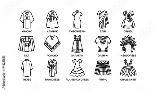 Traditional clothing icons: kimono, hanbok, cheongsam, sari, dirndl, kilt, poncho, sarafan, dashiki, headdress