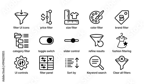 Filter icons set for ui design: price, size, color, brand, category