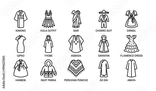 Traditional attire icons: kimono, sari, dirndl, thobe, poncho, abaya, and more