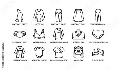 Essential maternity clothing and accessories icons for expecting mothers