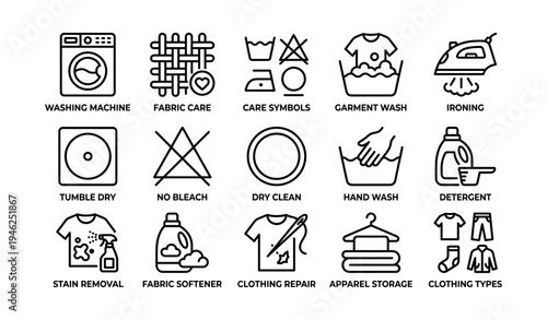 Laundry icons: washing, fabric care, symbols, garment wash, ironing essentials