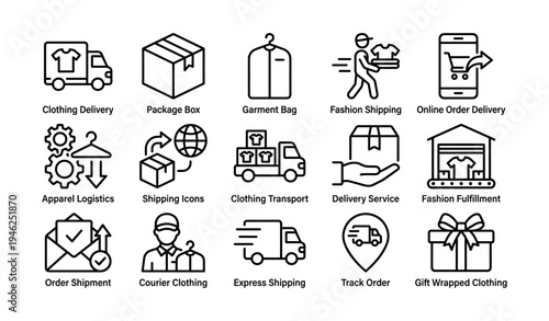 Icon set of apparel shipping and delivery services: clothing, package, online, logistics