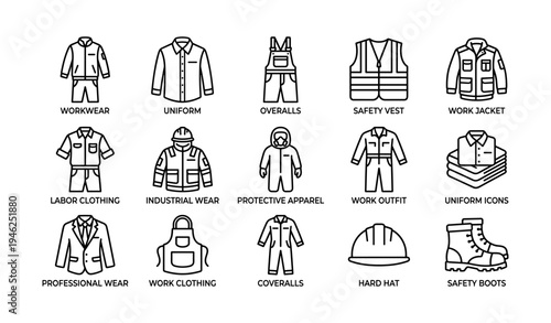 Industrial workwear and protective clothing icon set