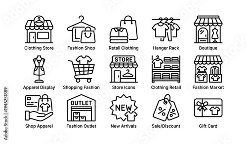 Clothing store and fashion icons: retail, boutique, and apparel shopping