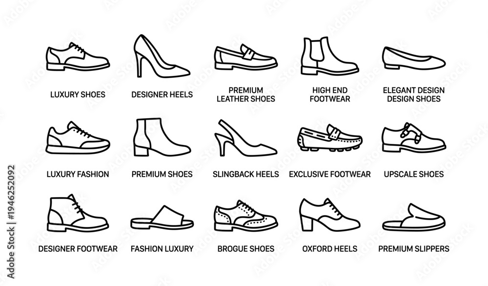 Obraz premium Outline icons of various designer shoes including heels and loafers