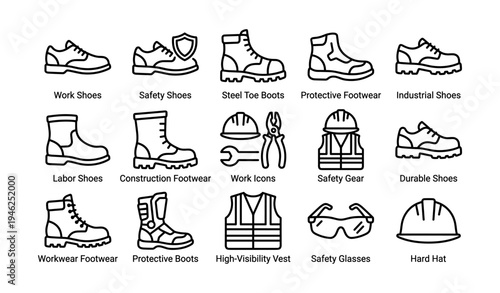 Safety work footwear and protective gear icons set
