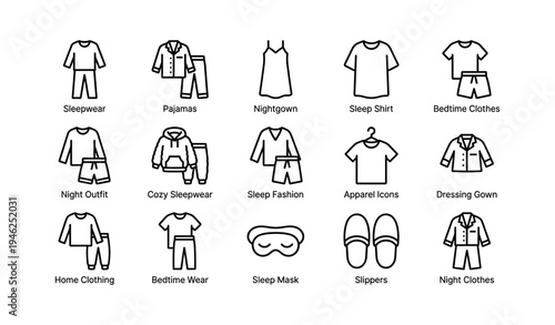 Sleepwear icons: pajamas, nightgown, sleep shirt, cozy attire, bedtime clothes