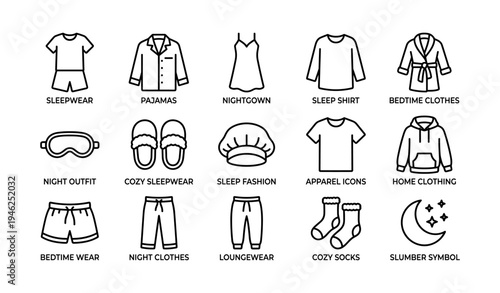 Sleepwear collection: pajamas, nightgown, sleep shirt, and bedtime accessories icons