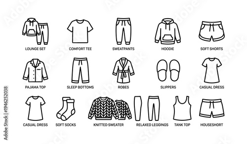 Collection of comfortable casual clothing icons