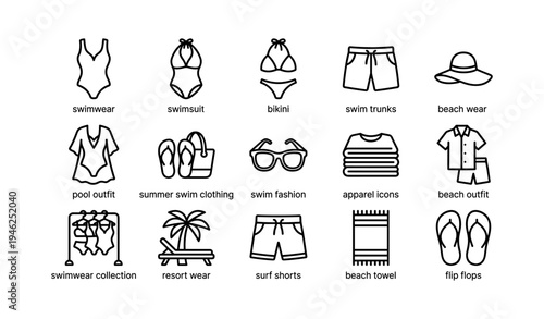 Summer beachwear collection icons featuring swimwear and accessories