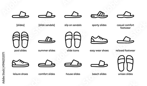 Various slide sandals and shoes icon set for casual comfort and style