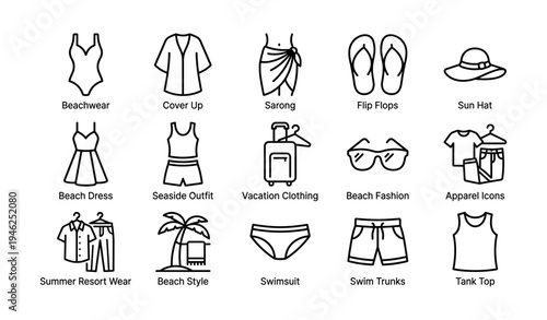 Beachwear and accessories icons: swimwear, sarong, flip flops, sun hat, beach dress