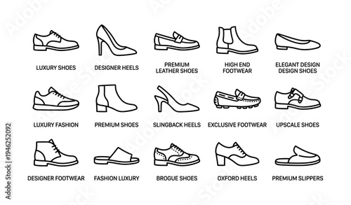 Outline icons of various designer shoes including heels and loafers
