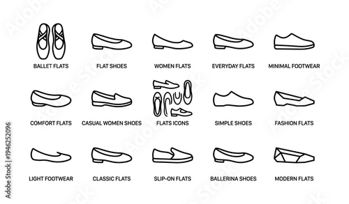 Diverse ballet and flat shoes icons collection for women's minimal fashion