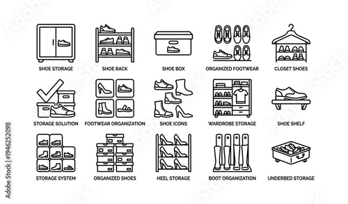 Shoe storage solutions and organized footwear icons for efficient wardrobe management
