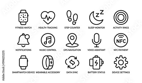 Smartwatch icons: fitness, health, navigation, and notifications