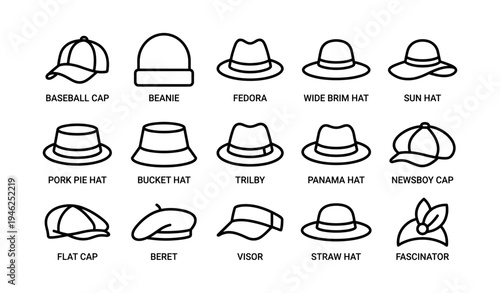 Variety of hat styles: baseball, fedora, bucket, beret, visor, and more illustrated
