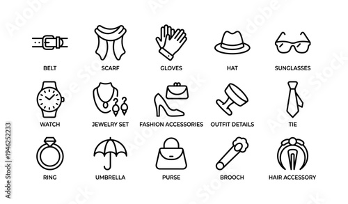 Fashion accessories icons: belt, scarf, gloves, hat, sunglasses