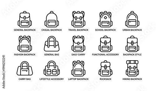 Various backpack styles: casual, travel, school, urban, fashion, hiking icons