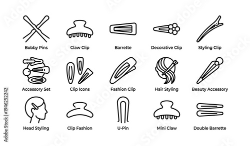 Assorted hair clips: bobby pins, claw clips, barrettes, styling tools, fashion accessories