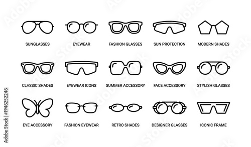Variety of stylish eyewear icons for fashion and sun protection