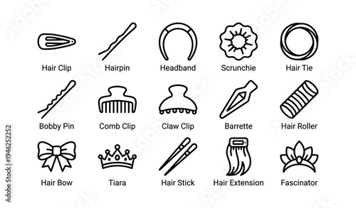 Vector icons of hair accessories: clips, headband, scrunchie, tiara, fascinator