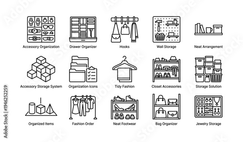 Home storage and organization icons for closet and accessories management